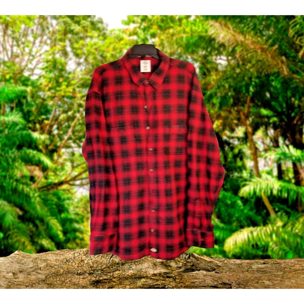Men's Shirt Red Plaid Buttons Pockets Long Sleeve Collared Dickie's Size 2XT